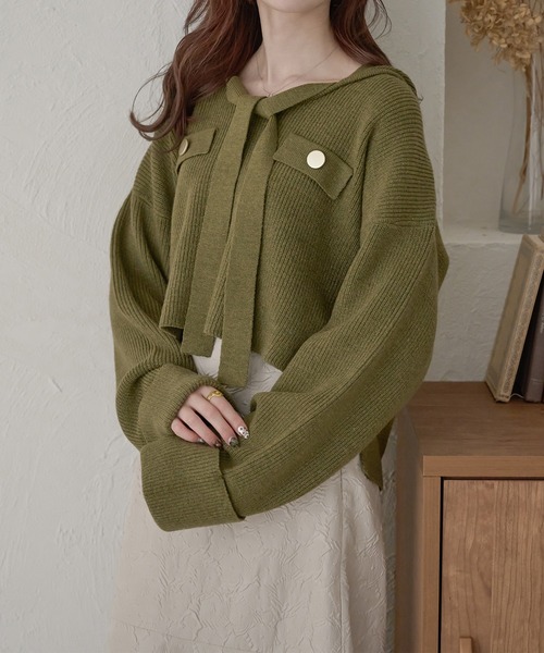 Ambre Neige(アンブルネージュ)の「クロップドフーディーニット/WEB/EC限定商品(ニット/セーター・レディース・グリーン/アイボリー・FREE)」の20枚目の写真