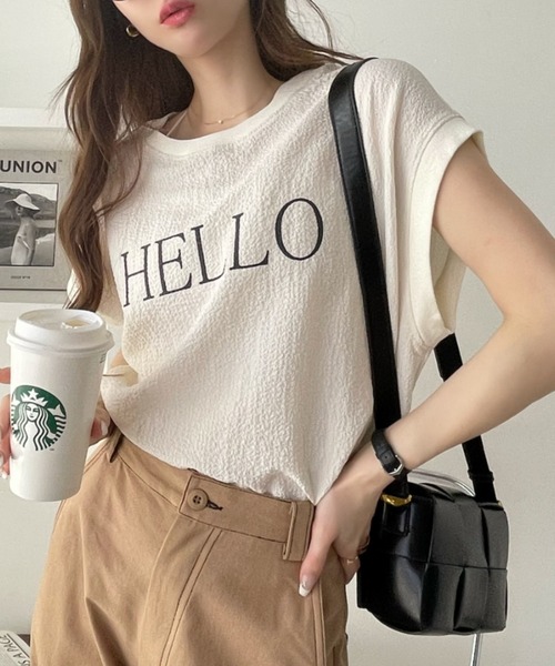 Eclat one（エクラワン）の「表面感素材 フレンチスリーブ ブラウス Tシャツ（Tシャツ/カットソー・レディース・オフホワイト/ライトブルー/ブラック・FREE）」の2枚目の写真