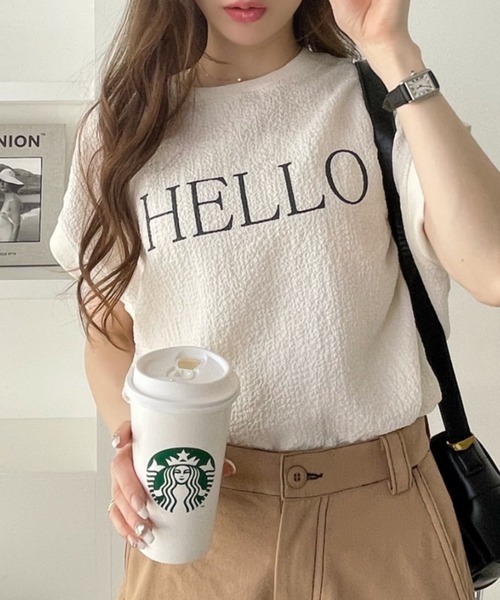 Eclat one（エクラワン）の「表面感素材 フレンチスリーブ ブラウス Tシャツ（Tシャツ/カットソー・レディース・オフホワイト/ライトブルー/ブラック・FREE）」の14枚目の写真
