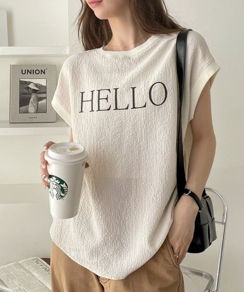 Eclat one（エクラワン）の「表面感素材 フレンチスリーブ ブラウス Tシャツ（Tシャツ/カットソー・レディース・オフホワイト/ライトブルー/ブラック・FREE）」の17枚目の写真