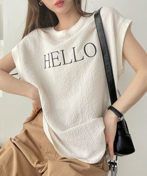 Eclat one（エクラワン）の「表面感素材 フレンチスリーブ ブラウス Tシャツ（Tシャツ/カットソー・レディース・オフホワイト/ライトブルー/ブラック・FREE）」の19枚目の写真