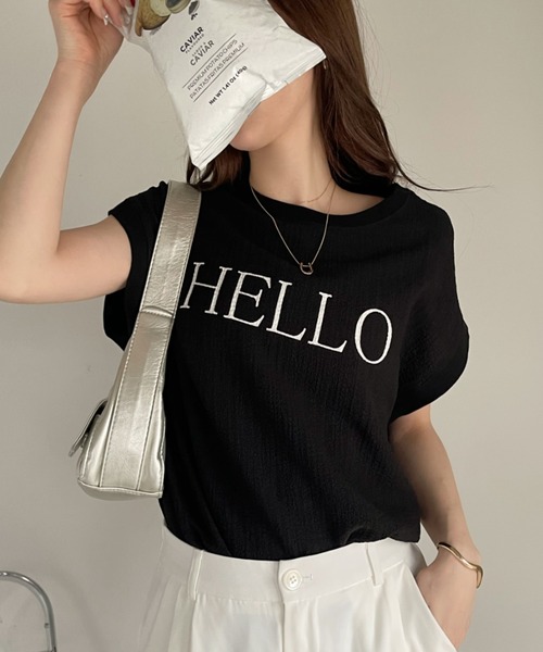 Eclat one（エクラワン）の「表面感素材 フレンチスリーブ ブラウス Tシャツ（Tシャツ/カットソー・レディース・オフホワイト/ライトブルー/ブラック・FREE）」の7枚目の写真