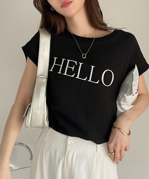Eclat one（エクラワン）の「表面感素材 フレンチスリーブ ブラウス Tシャツ（Tシャツ/カットソー・レディース・オフホワイト/ライトブルー/ブラック・FREE）」の18枚目の写真