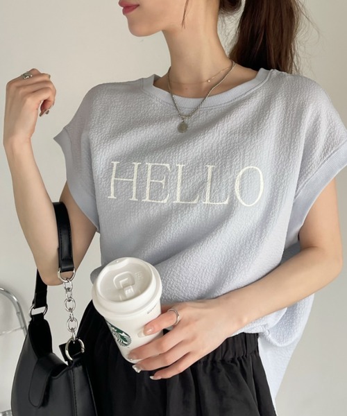 Eclat one（エクラワン）の「表面感素材 フレンチスリーブ ブラウス Tシャツ（Tシャツ/カットソー・レディース・オフホワイト/ライトブルー/ブラック・FREE）」の12枚目の写真