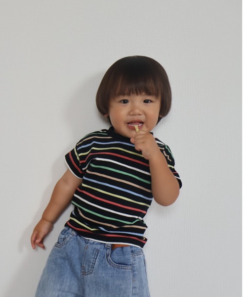 Moujonjon（ムージョンジョン）の「カラフルボーダー半袖Tシャツ（Tシャツ/カットソー・キッズ・ブラック/ホワイト・110/100/90/80/140/130/120）」の3枚目の写真