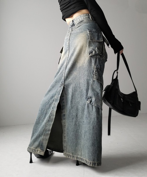 me+em select（ミームセレクト）の「※※【 ３size ／ ２color 】６ポケットヴィンテージロングカーゴデニムスカート ／ 6 pocket vintage long cargo denim skirt（デニムスカート・レディース・ブルー/ブラック・SMALL/MEDIUM/LARGE）」の10枚目の写真