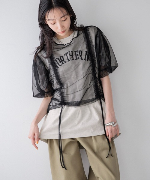 LOWRYS FARM（ローリーズファーム）の「リメイクタックプリントＳＳ　115250（Tシャツ/カットソー・レディース・グレー/チャコールグレー/アイボリー・FREE）」の4枚目の写真