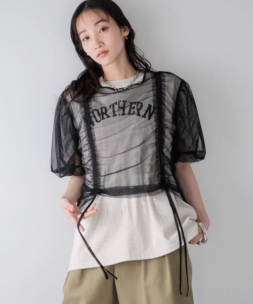 LOWRYS FARM（ローリーズファーム）の「リメイクタックプリントＳＳ　115250（Tシャツ/カットソー・レディース・グレー/チャコールグレー/アイボリー・FREE）」の6枚目の写真