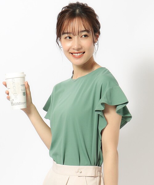 DRESKIP(ドレスキップ)の「◆【UV】女性らしく好印象 フリル袖トップス(Tシャツ/カットソー・レディース・ブラック/オフホワイト/ナチュラル/グリーン・02/03/04)」の1枚目の写真