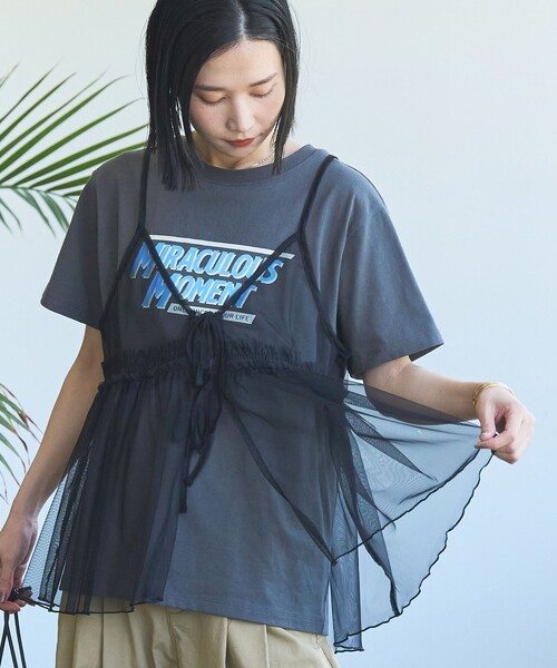 セール】チュールキャミ付きロゴTシャツ（Tシャツ/カットソー）｜coen