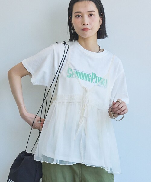 coen(コーエン)の「チュールキャミ付きロゴTシャツ(Tシャツ/カットソー・レディース・ダークグレー/その他1/その他2/オフホワイト・M/L)」の2枚目の写真