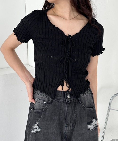 CLEA(クレア)の「フロントリボンメロウトップス(Tシャツ/カットソー・レディース・ブラック/ホワイト/ピンク/レッド・FREE)」の2枚目の写真
