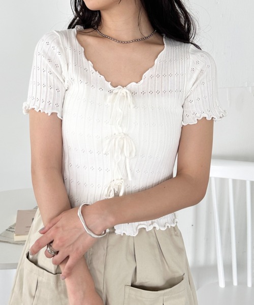 CLEA(クレア)の「フロントリボンメロウトップス(Tシャツ/カットソー・レディース・ブラック/ホワイト/ピンク/レッド・FREE)」の5枚目の写真