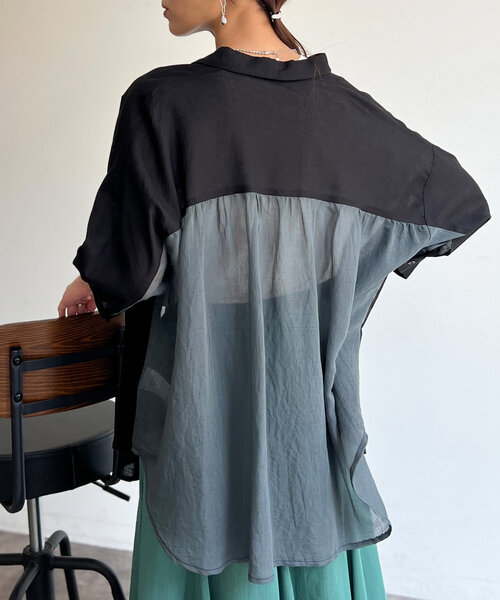 Chez toi(シェトワ)の「BACKシアーリネンシャツ(シャツ/ブラウス・レディース・ピンク/ベージュ/ブラック/オフホワイト・FREE)」の3枚目の写真