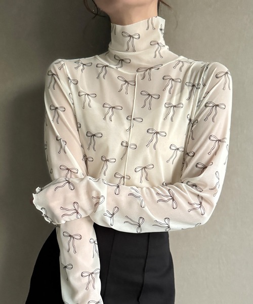 JUNOAH（ジュノア）の「リボン柄シアートップス（Tシャツ/カットソー・レディース・オフホワイト/グレー/ブラック・FREE）」の2枚目の写真