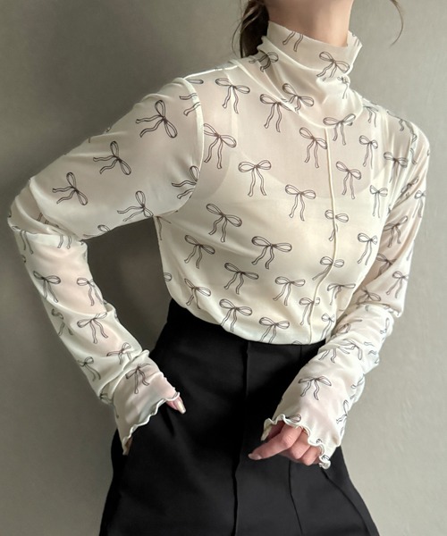 JUNOAH（ジュノア）の「リボン柄シアートップス（Tシャツ/カットソー・レディース・オフホワイト/グレー/ブラック・FREE）」の5枚目の写真