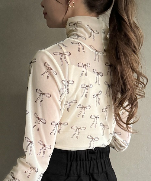 JUNOAH（ジュノア）の「リボン柄シアートップス（Tシャツ/カットソー・レディース・オフホワイト/グレー/ブラック・FREE）」の7枚目の写真