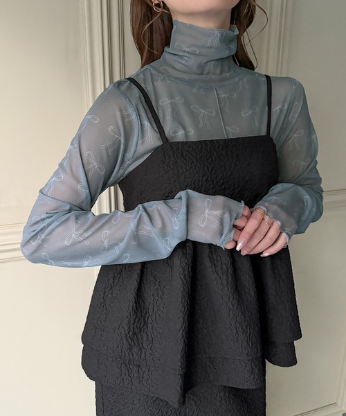 JUNOAH（ジュノア）の「リボン柄シアートップス（Tシャツ/カットソー・レディース・オフホワイト/グレー/ブラック・FREE）」の14枚目の写真