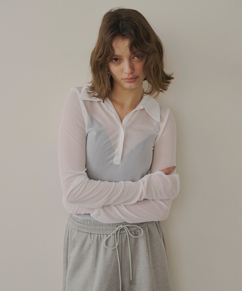 LA BELLE ETUDE（ラベルエチュード）の「longスリーブシアーポロシャツ（シャツ/ブラウス・レディース・ホワイト/ライトブルー/ブラック・FREE）」の9枚目の写真