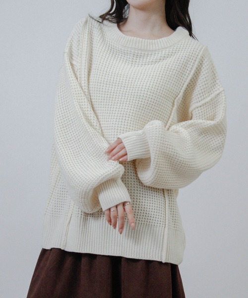 Social GIRL（ソーシャルガール）の「ワッフル編みニットトップス（ニット/セーター・レディース・オレンジ/アイボリー/チャコールグレー/ライム・FREE）」の2枚目の写真
