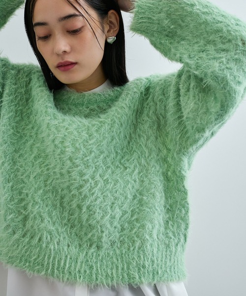 セール】キラッと華やか！透かし柄シャギーニットプルオーバー
