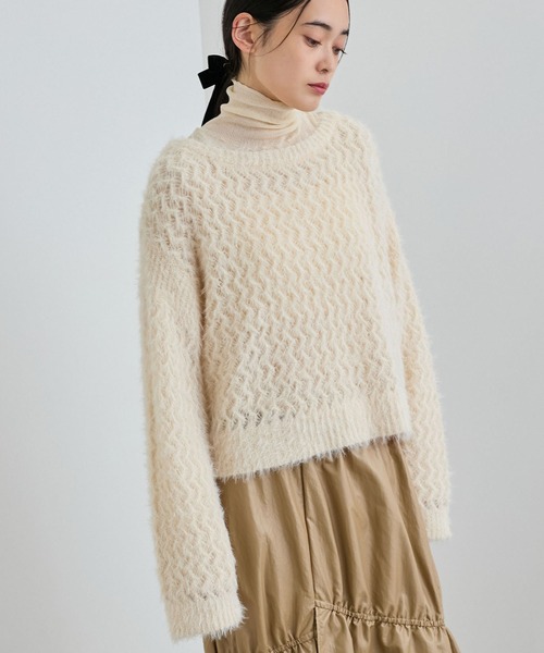 セール】キラッと華やか！透かし柄シャギーニットプルオーバー