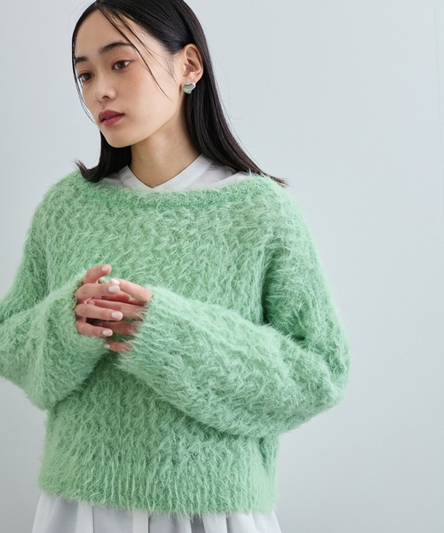 セール】キラッと華やか！透かし柄シャギーニットプルオーバー