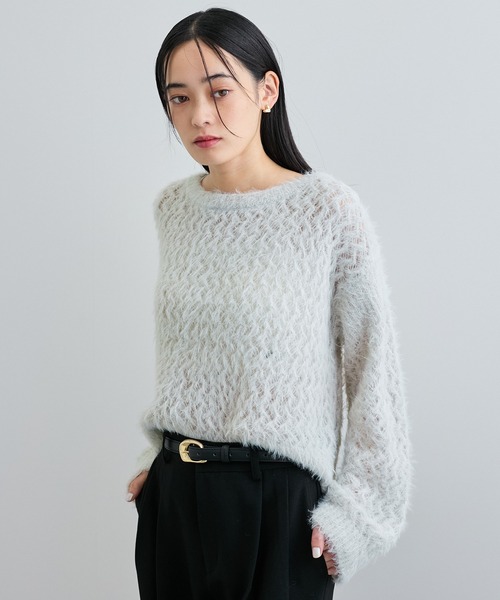 セール】キラッと華やか！透かし柄シャギーニットプルオーバー