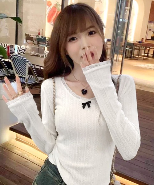 pumpkin port(パンプキンポート)の「リボン付き パターンメッシュ Tシャツ(Tシャツ/カットソー・レディース・ホワイト/ブラック/アイボリー・M)」の12枚目の写真