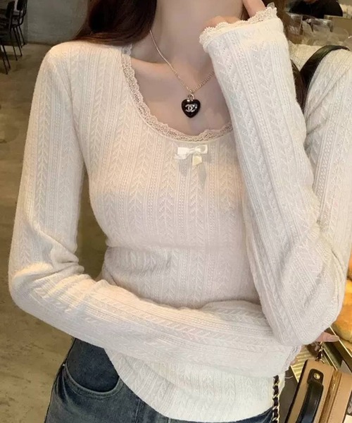 pumpkin port(パンプキンポート)の「リボン付き パターンメッシュ Tシャツ(Tシャツ/カットソー・レディース・ホワイト/ブラック/アイボリー・M)」の10枚目の写真
