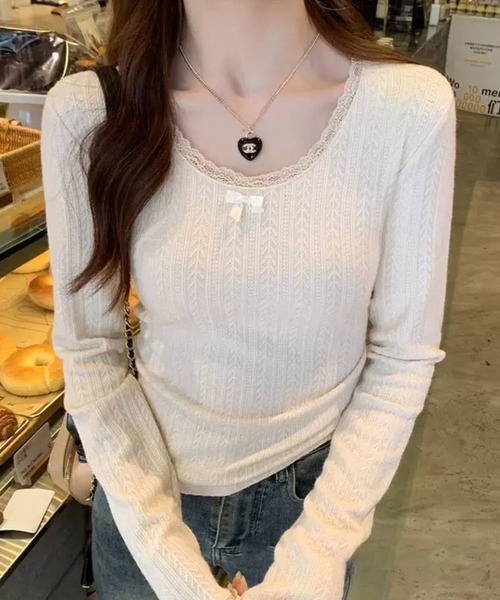 pumpkin port(パンプキンポート)の「リボン付き パターンメッシュ Tシャツ(Tシャツ/カットソー・レディース・ホワイト/ブラック/アイボリー・M)」の14枚目の写真