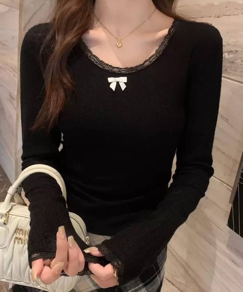 pumpkin port(パンプキンポート)の「リボン付き パターンメッシュ Tシャツ(Tシャツ/カットソー・レディース・ホワイト/ブラック/アイボリー・M)」の16枚目の写真