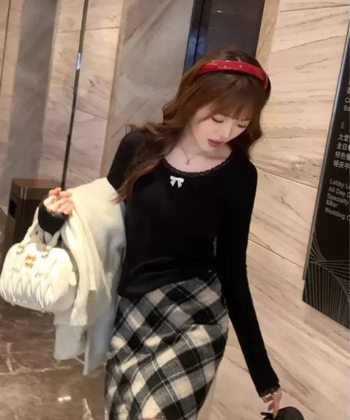 pumpkin port(パンプキンポート)の「リボン付き パターンメッシュ Tシャツ(Tシャツ/カットソー・レディース・ホワイト/ブラック/アイボリー・M)」の19枚目の写真