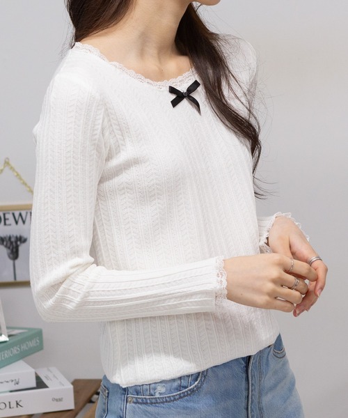 pumpkin port(パンプキンポート)の「リボン付き パターンメッシュ Tシャツ(Tシャツ/カットソー・レディース・ホワイト/ブラック/アイボリー・M)」の11枚目の写真