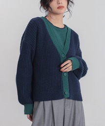 配色片畦編みニットカーディガン