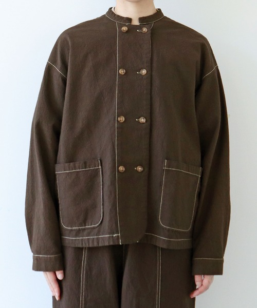 ブラウス シャツ シボコットン ダブルボタンシャツジャケット (セットアップ対応) レディース セール】シボコットン ダブルボタンシャツジャケット