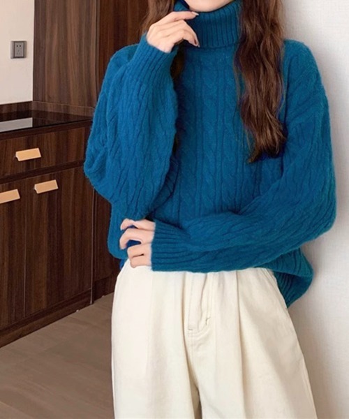 Miniministore(ミニミニストア)の「ニットトップス 長袖 ケーブル編み 秋冬(ニット/セーター・レディース・ブラック/オフホワイト/オレンジ/ダークブルー/ワインレッド・FREE)」の3枚目の写真