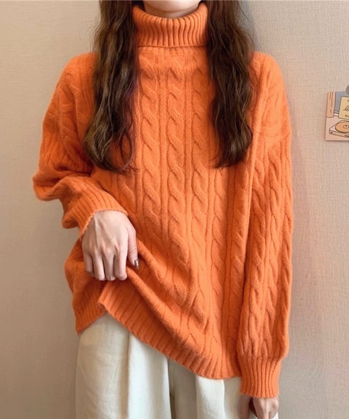 Miniministore(ミニミニストア)の「ニットトップス 長袖 ケーブル編み 秋冬(ニット/セーター・レディース・ブラック/オフホワイト/オレンジ/ダークブルー/ワインレッド・FREE)」の5枚目の写真