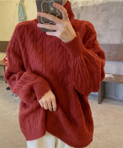Miniministore(ミニミニストア)の「ニットトップス 長袖 ケーブル編み 秋冬(ニット/セーター・レディース・ブラック/オフホワイト/オレンジ/ダークブルー/ワインレッド・FREE)」の4枚目の写真