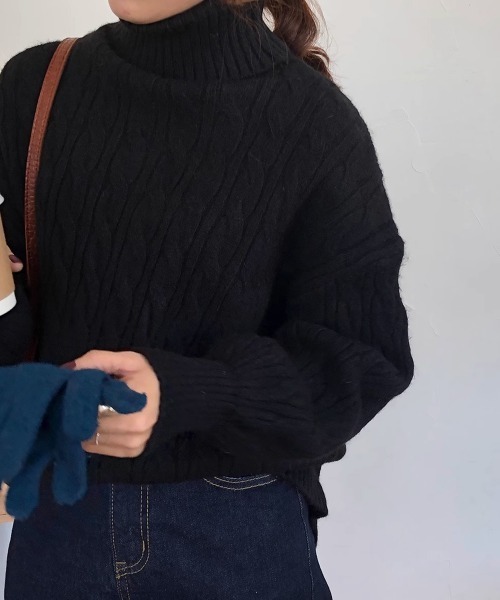 Miniministore(ミニミニストア)の「ニットトップス 長袖 ケーブル編み 秋冬(ニット/セーター・レディース・ブラック/オフホワイト/オレンジ/ダークブルー/ワインレッド・FREE)」の12枚目の写真