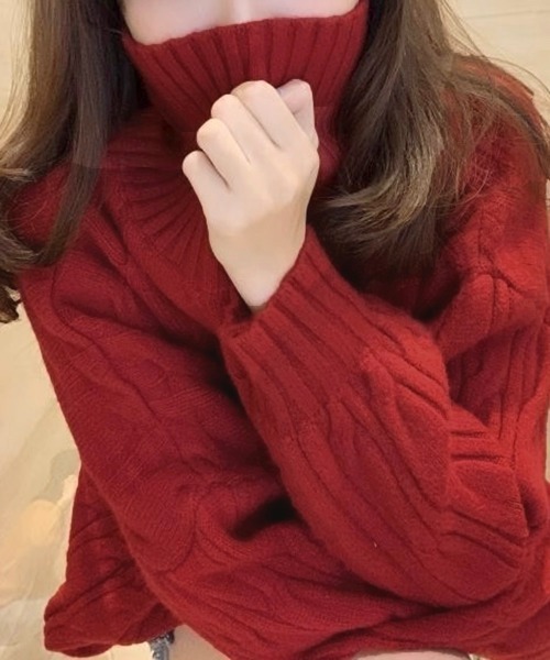 Miniministore(ミニミニストア)の「ニットトップス 長袖 ケーブル編み 秋冬(ニット/セーター・レディース・ブラック/オフホワイト/オレンジ/ダークブルー/ワインレッド・FREE)」の13枚目の写真