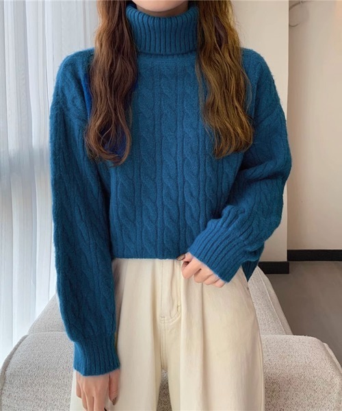 Miniministore(ミニミニストア)の「ニットトップス 長袖 ケーブル編み 秋冬(ニット/セーター・レディース・ブラック/オフホワイト/オレンジ/ダークブルー/ワインレッド・FREE)」の14枚目の写真