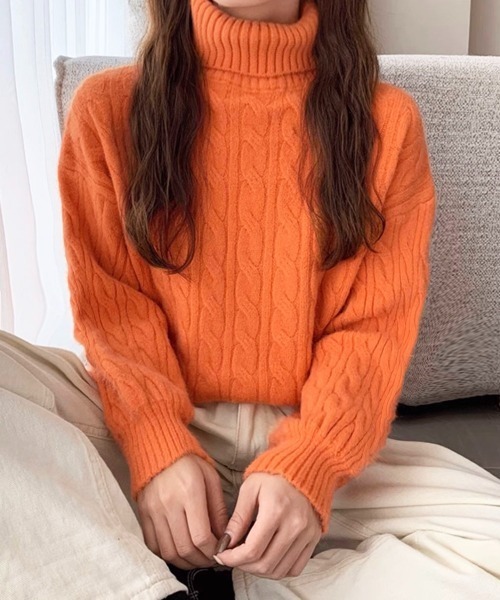 Miniministore(ミニミニストア)の「ニットトップス 長袖 ケーブル編み 秋冬(ニット/セーター・レディース・ブラック/オフホワイト/オレンジ/ダークブルー/ワインレッド・FREE)」の16枚目の写真