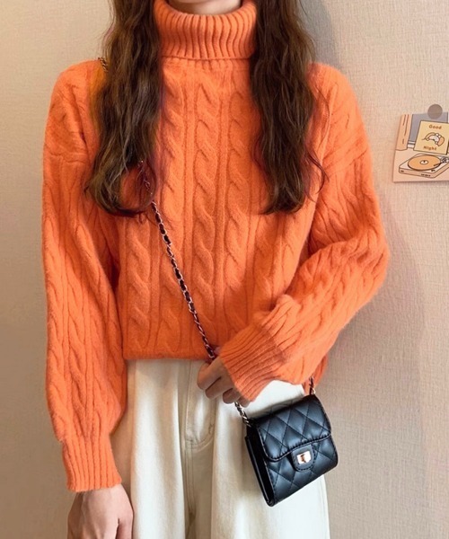 Miniministore(ミニミニストア)の「ニットトップス 長袖 ケーブル編み 秋冬(ニット/セーター・レディース・ブラック/オフホワイト/オレンジ/ダークブルー/ワインレッド・FREE)」の17枚目の写真