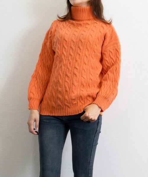 Miniministore(ミニミニストア)の「ニットトップス 長袖 ケーブル編み 秋冬(ニット/セーター・レディース・ブラック/オフホワイト/オレンジ/ダークブルー/ワインレッド・FREE)」の18枚目の写真