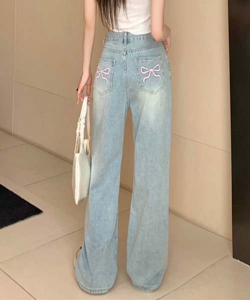 Lilamusant(リラミュゾン)の「★Lilamusant(リラミュゾン)》 バックリボン刺繍ポケットワイドストレートデニムパンツ バレエコア Y2K 韓国ストリート(デニムパンツ・レディース・ブルー・L/M/S)」の5枚目の写真