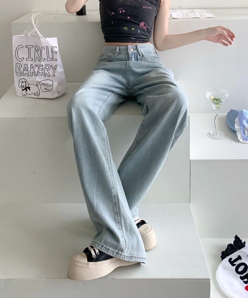 Lilamusant(リラミュゾン)の「★Lilamusant(リラミュゾン)》 バックリボン刺繍ポケットワイドストレートデニムパンツ バレエコア Y2K 韓国ストリート(デニムパンツ・レディース・ブルー・L/M/S)」の3枚目の写真
