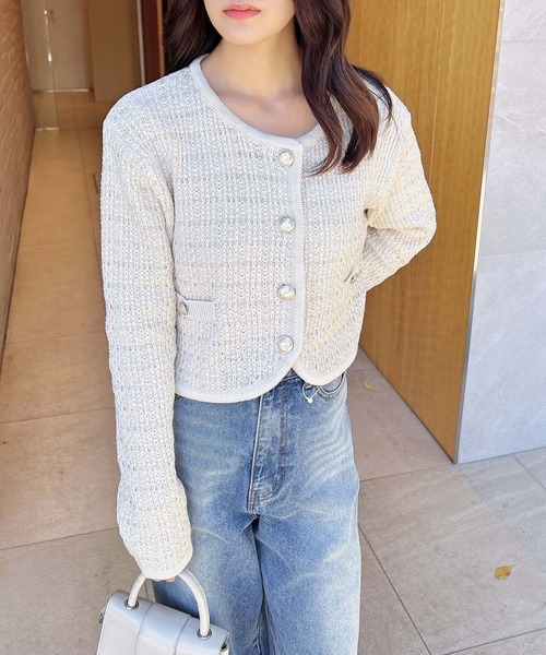 INGNI（イング）の「【WEB限定】ショート丈ツイードニットカーディガン（カーディガン/ボレロ・レディース・ブラック×ホワイト/アイボリー・M）」の3枚目の写真