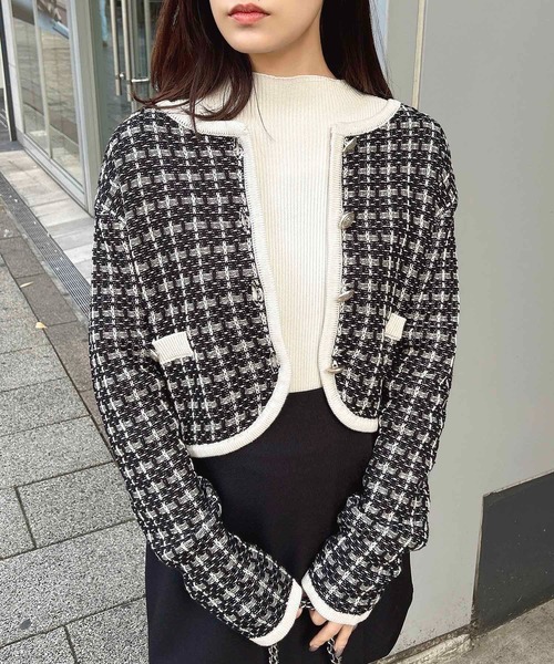 INGNI（イング）の「【WEB限定】ショート丈ツイードニットカーディガン（カーディガン/ボレロ・レディース・ブラック×ホワイト/アイボリー・M）」の9枚目の写真