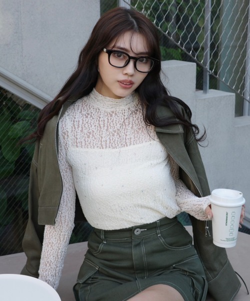 rienda（リエンダ）の「ストレッチチュールカットトップス　レーストップス 春服（Tシャツ/カットソー・レディース・ブラック/ライトピンク/ホワイト・FREE）」の2枚目の写真